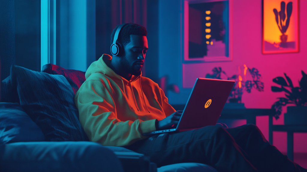 A man taking a lesson at home on his laptop at night.