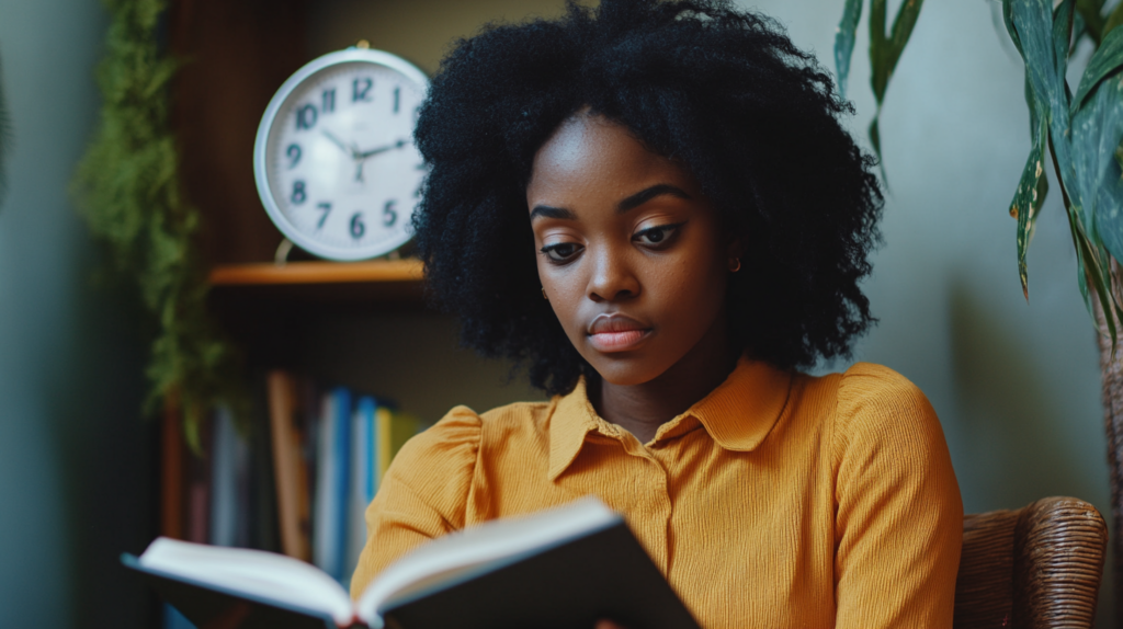 A young woman studying with a clock behind her.
