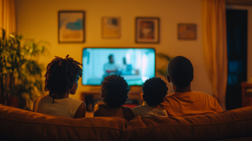 A family sitting in front of a television.