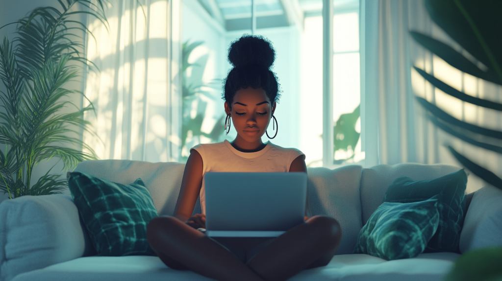 A lady watching a class on her laptop.