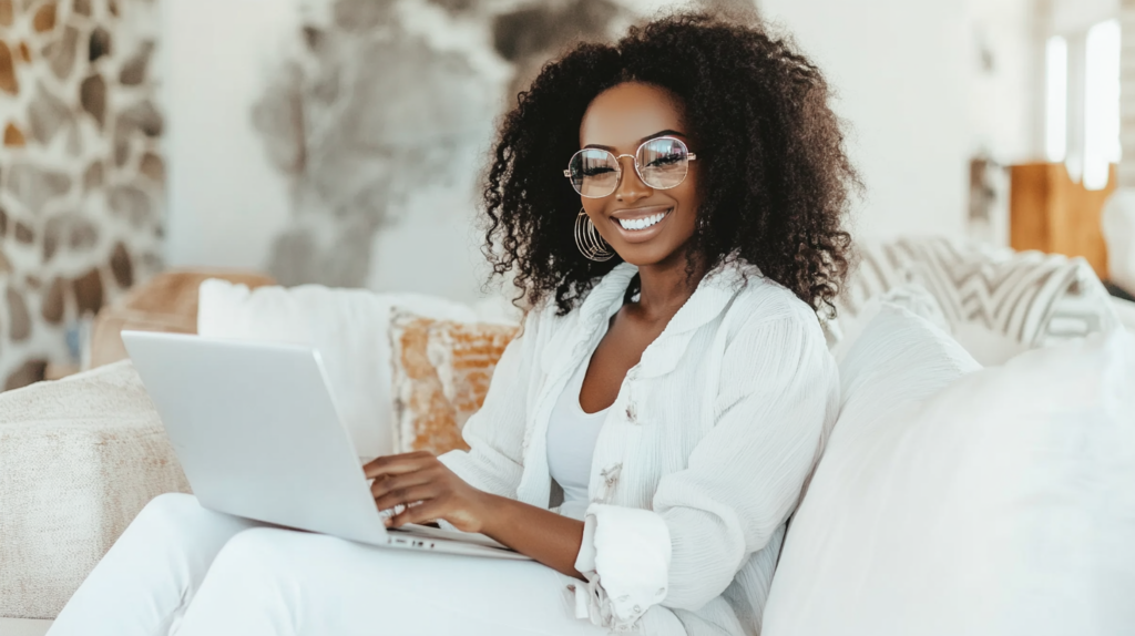 A woman learning on a laptop