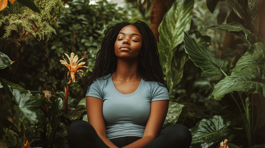 A woman practicing mindful meditation in a garden to manage study time