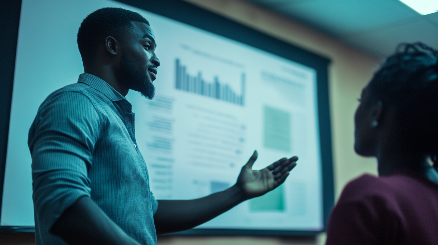 A man making a data presentation during a meeting.