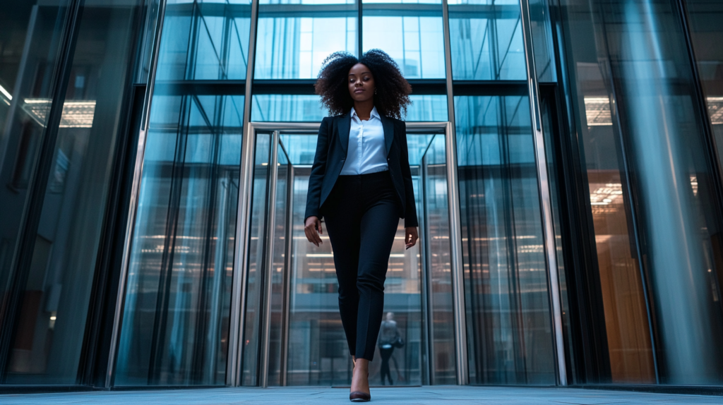A woman walking out of an office building