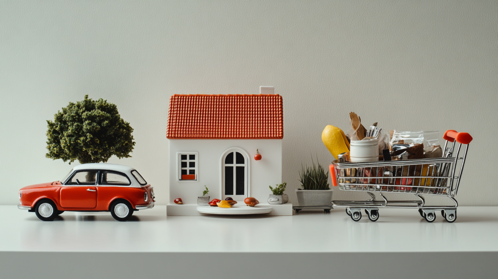 A miniature car, house, and shopping cart.