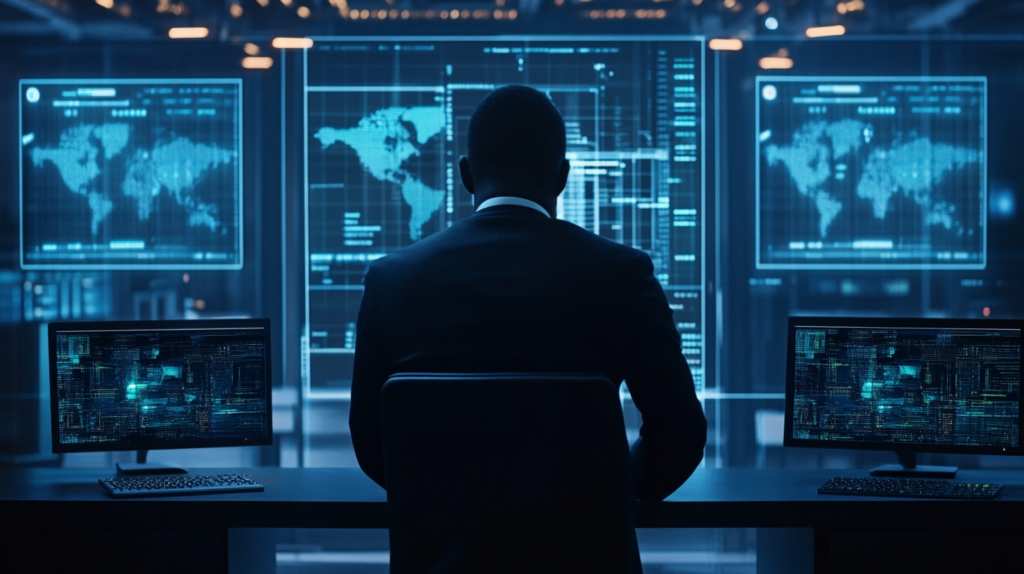 A cybersecurity professional looking at screens