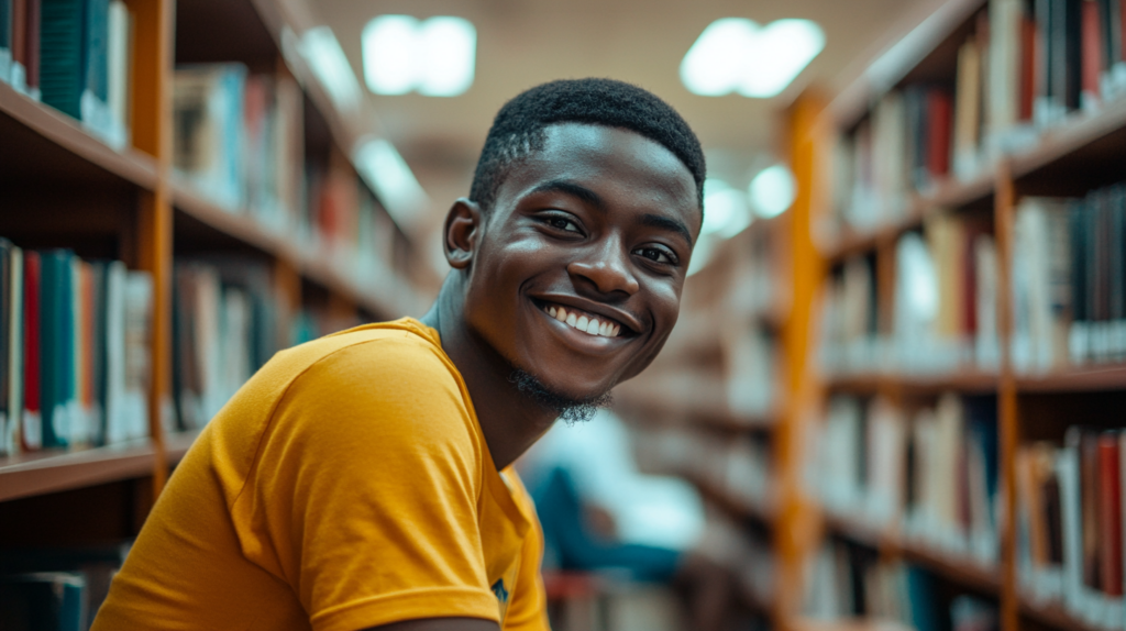 A smiling young man in a library