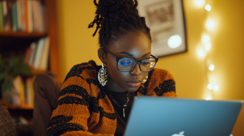 A woman learning on a laptop
