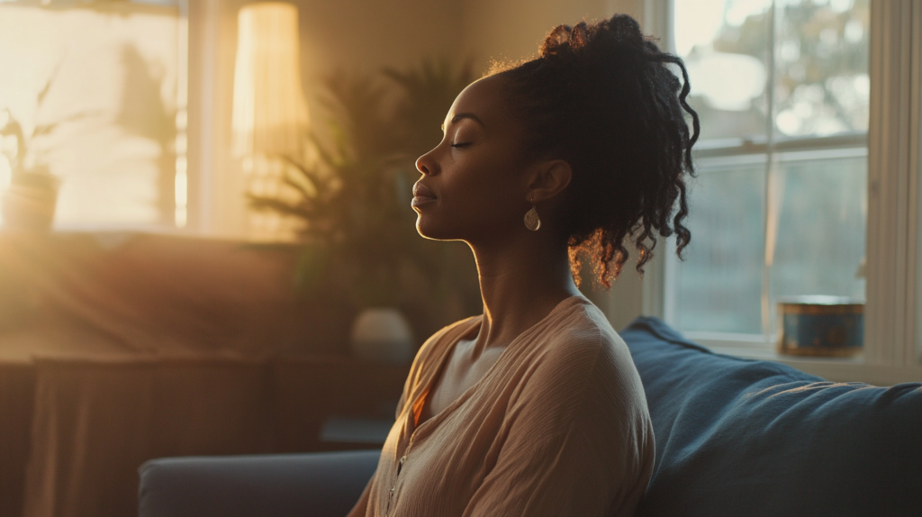 A woman breathing deeply