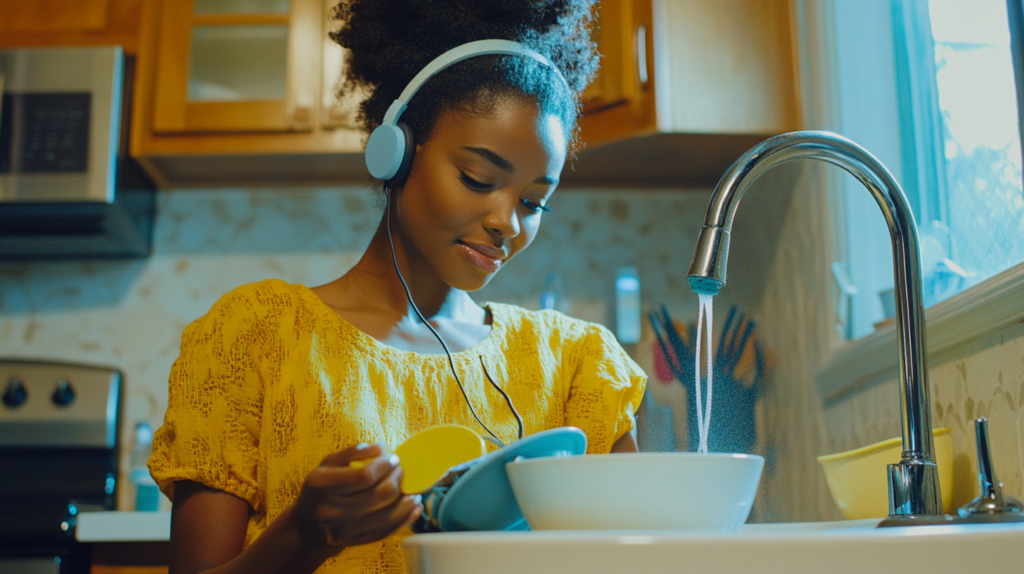 A woman with headphones on washing dishes