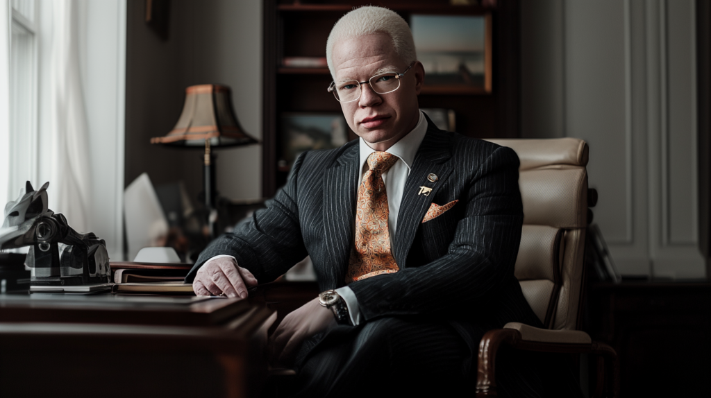A businessman with ablinism in his office