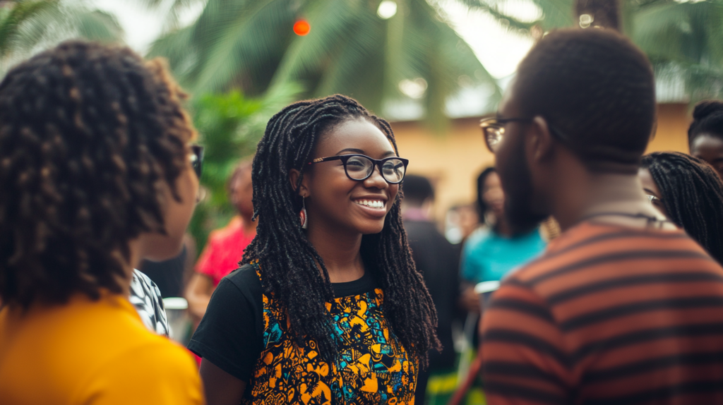 Students discussing at an open air event