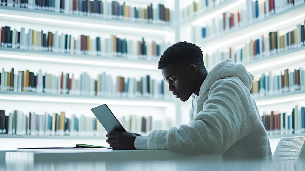 A boy studying in a library