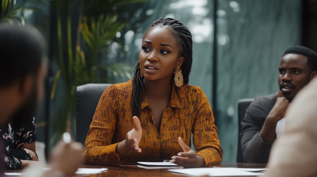 A woman marketing communications specialist talking in a board meeting