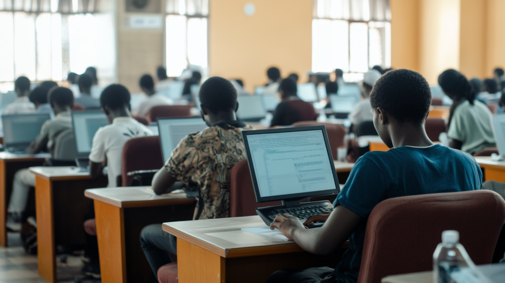 Students seated in a hall and writing JAMB's CBT exam.