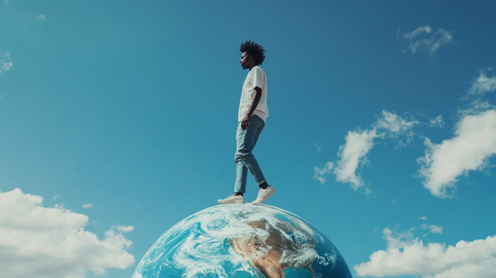 A young Black man walking on the globe
