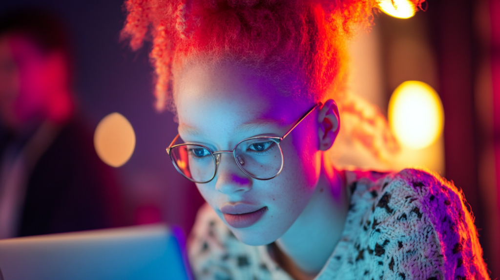 A young lady with albinism learning a digital skill to close skills gap