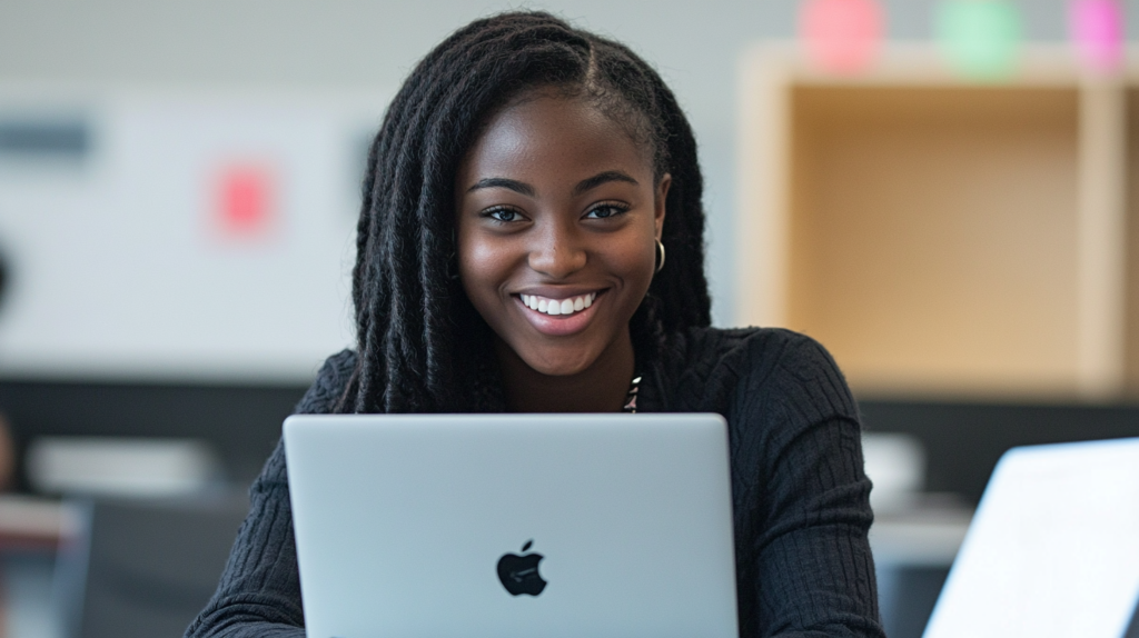 A female student learning online