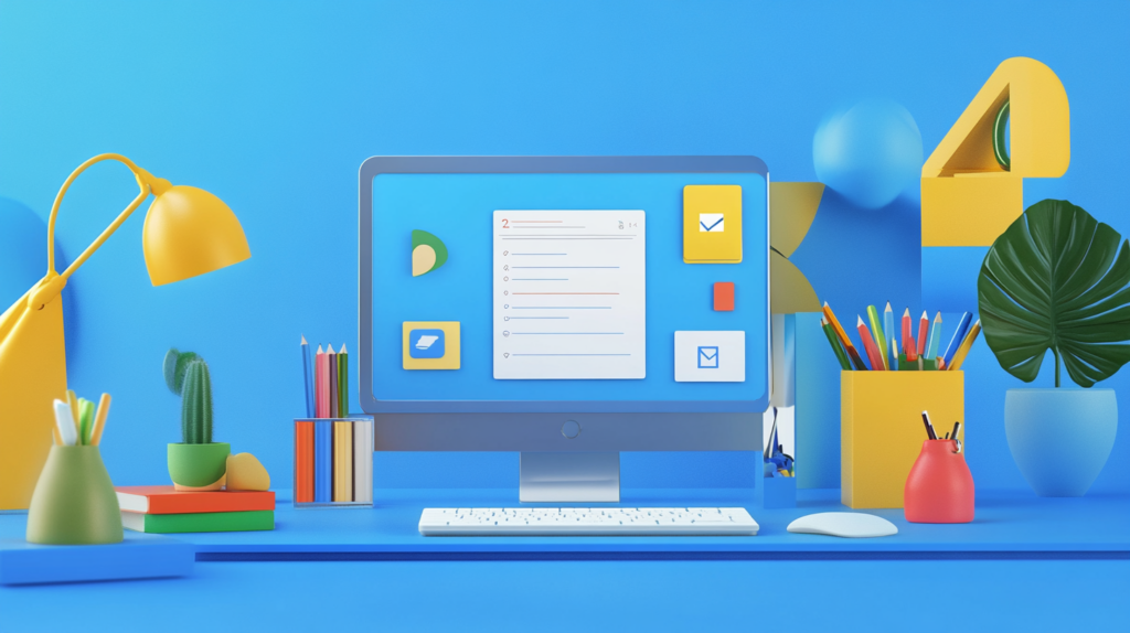 A computer on a study desk against a blue background