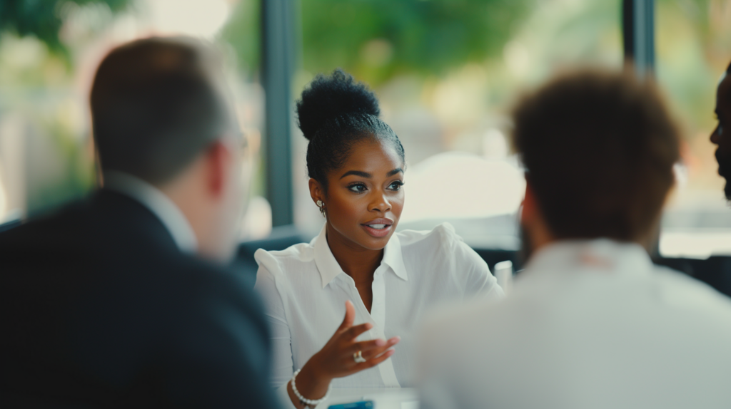 A lady talking at a business meeting
