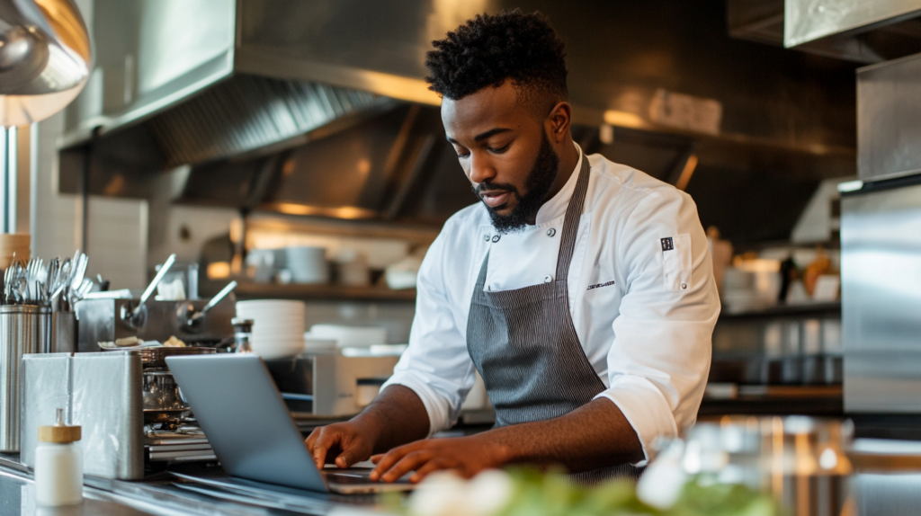 A chef working on his laptop in his restaurant.