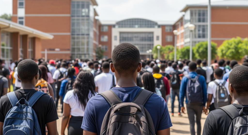 The rearview of a prospective male student in a sea of other candidates
